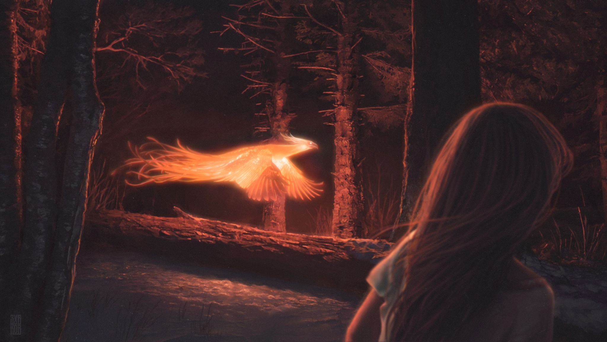 Девушка в лесу ночью картина. Птица Феникс. Сильный жар ночью