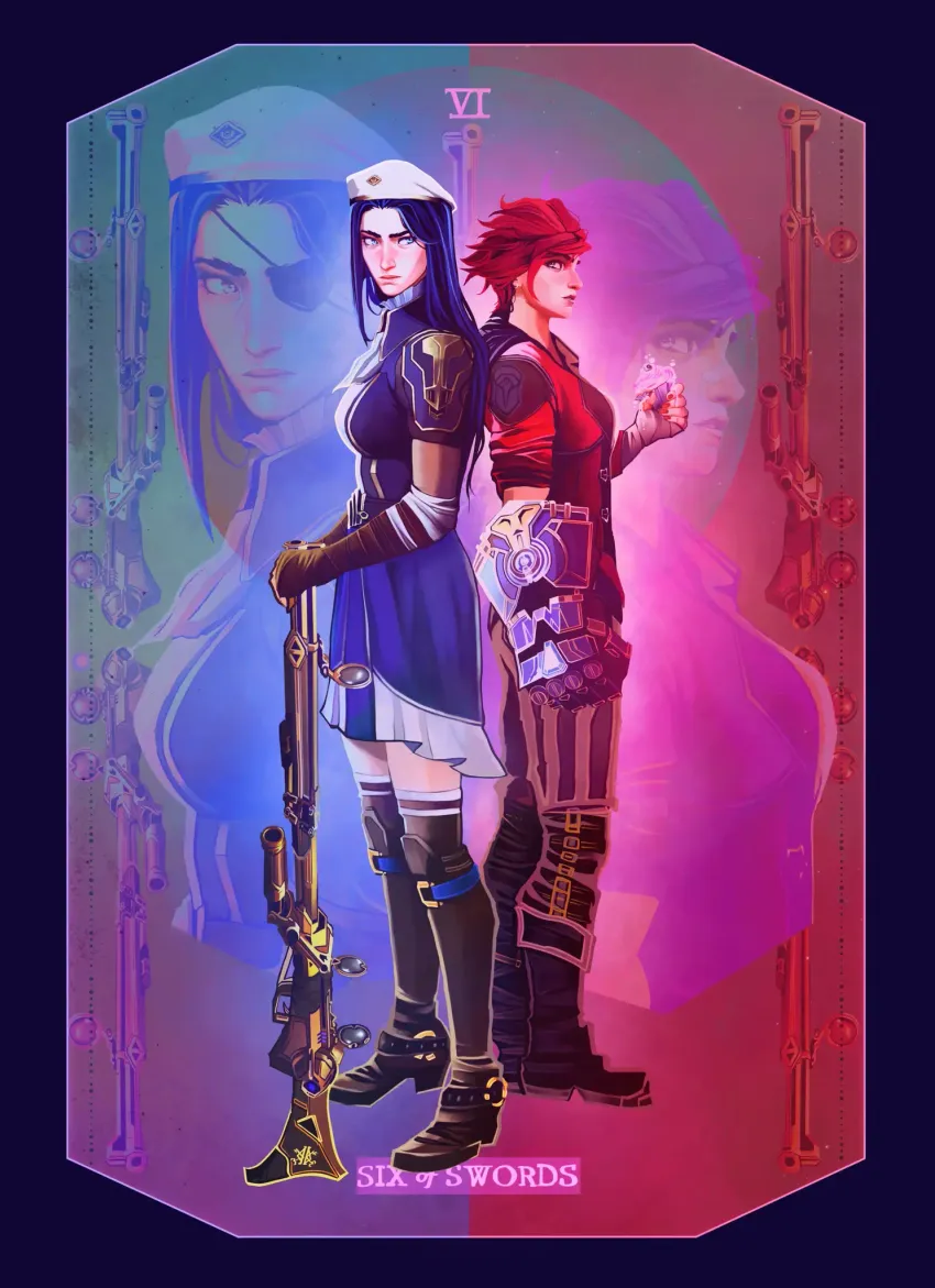 Открытка "Arcane Tarot: Vi and Caitlyn. Six Of Swords"